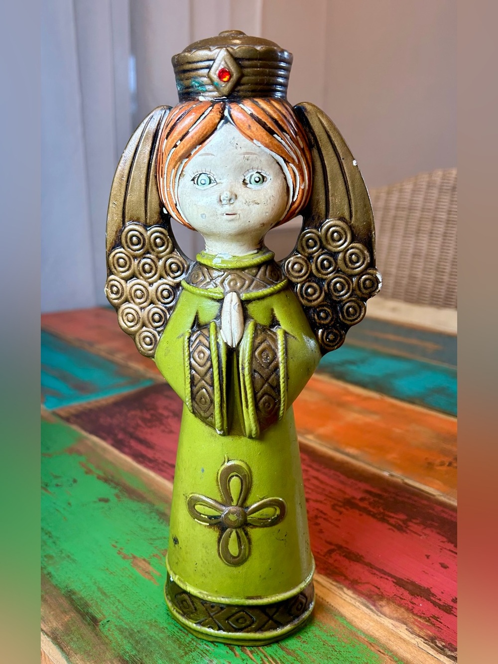 Vintage MCM Ardco Paper Mache Praying Angel Figurine 60s Japan Green